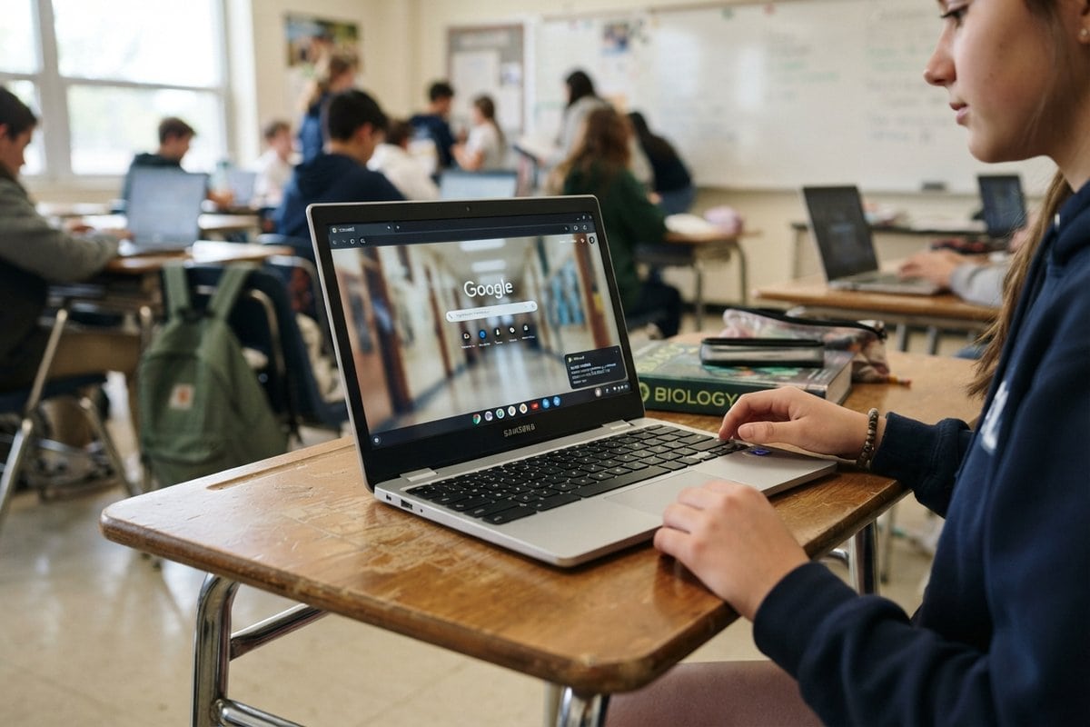 Élève utilisant un Chromebook Samsung affichant la page d'accueil de Google sur un pupitre de classe