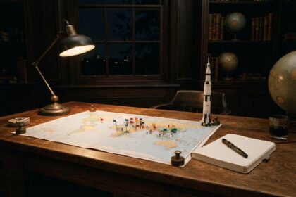 Carte du monde en papier couverte de petits fanions colorés sur un bureau en bois, maquette de fusée à côté
