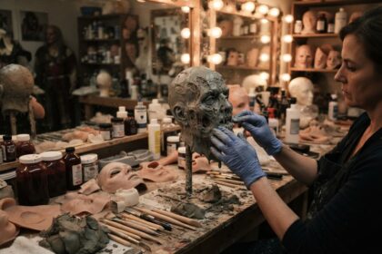 Maquilleuse gantée sculptant une tête d'argile grise au visage déformé dans un atelier d'effets spéciaux
