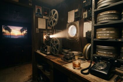 Cabine de projection des années 1970 avec projecteur 35 mm allumé, bobines de films, verre de whisky et téléphone à cadran