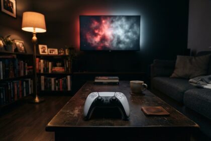 Une manette blanche posée sur une table basse en bois, face à un téléviseur allumé dans un salon sombre