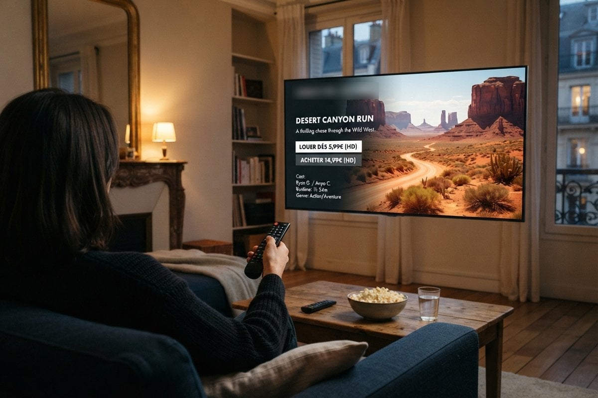 Personne sur un canapé, télécommande en main, devant un menu de location vidéo montrant un canyon désertique