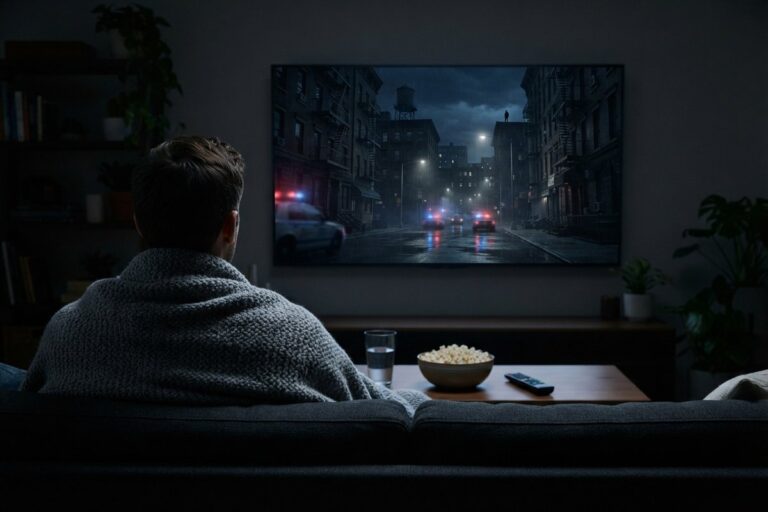 Homme de dos sur un canapé regardant une rue new-yorkaise pluvieuse avec des voitures de police sur un grand téléviseur