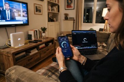 Femme sur un canapé consultant un test de débit sur son smartphone, box internet sur un meuble TV et ordinateur en chargement