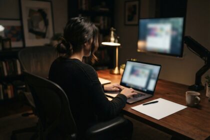 Une femme de dos tape sur un ordinateur portable, la nuit, dans un bureau sombre éclairé par une lampe.