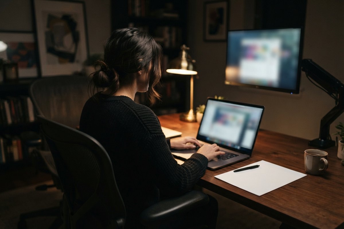 Une femme de dos tape sur un ordinateur portable, la nuit, dans un bureau sombre éclairé par une lampe.