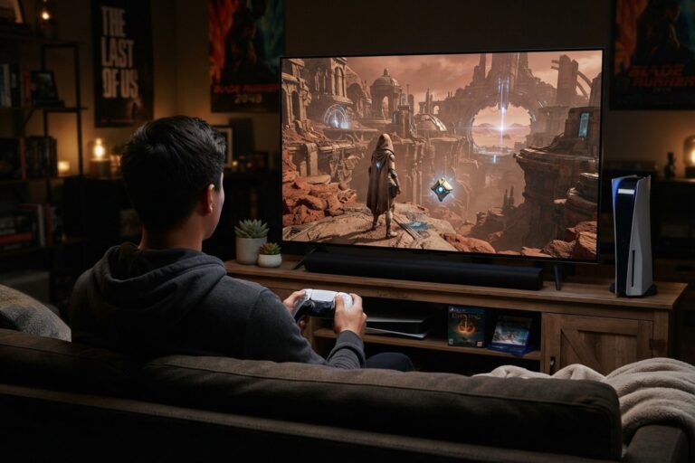Joueur de dos sur un canapé, manette PS5 en main, face à un téléviseur montrant un explorateur encapuchonné dans des ruines