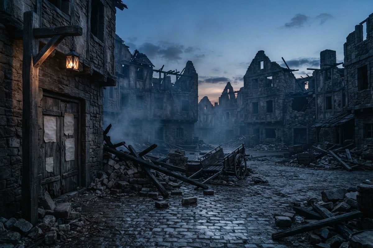 Place d'un village médiéval en ruine au crépuscule, pavés jonchés de gravats, charrette renversée et lanterne allumée.