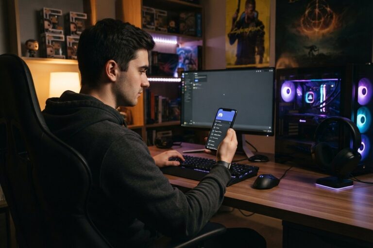 Jeune homme à son bureau de joueur consultant l'application Discord sur son smartphone, devant un PC aux ventilateurs lumineux