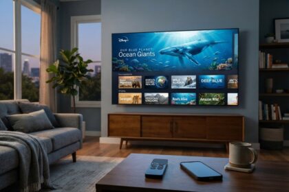 Téléviseur de salon affichant l'application Disney+ avec un documentaire sur une baleine, télécommande et smartphone sur la table