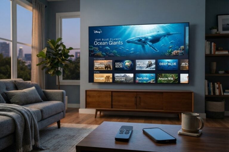 Téléviseur de salon affichant l'application Disney+ avec un documentaire sur une baleine, télécommande et smartphone sur la table