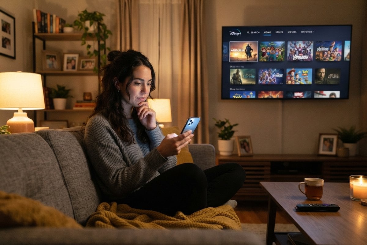 Femme sur un canapé consultant son smartphone devant un téléviseur affichant l'accueil de Disney+