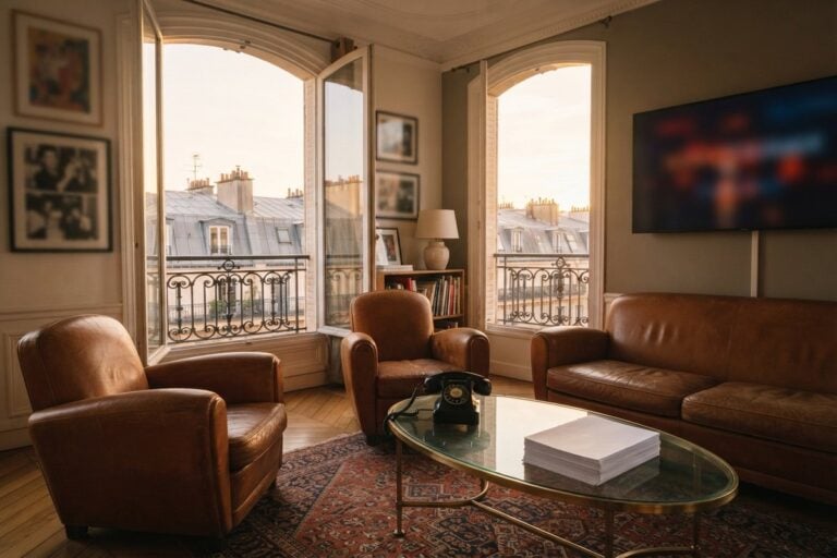 Salon parisien haussmannien au coucher du soleil, fauteuils club en cuir, téléphone noir et pile de feuilles sur une table basse