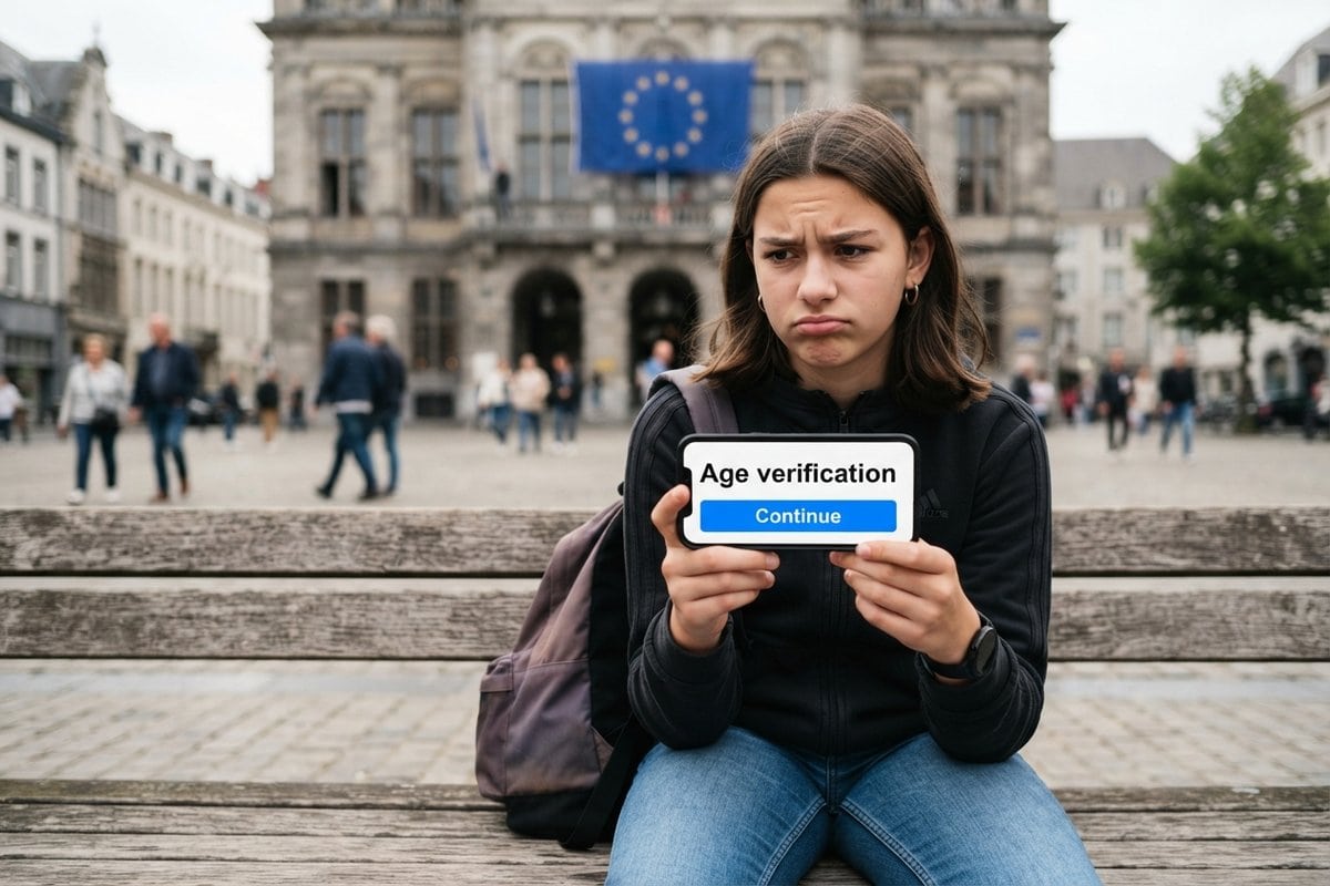 Une adolescente assise sur un banc tient un smartphone affichant un écran de vérification d'âge, devant un drapeau européen.