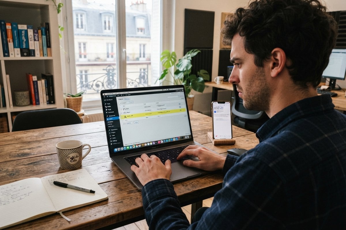 Homme devant un ordinateur portable affichant la liste des utilisateurs de WordPress, une ligne surlignée en jaune