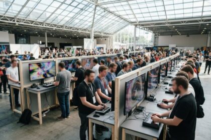Des visiteurs jouent debout sur des bornes alignées dans un vaste hall d'exposition vitré