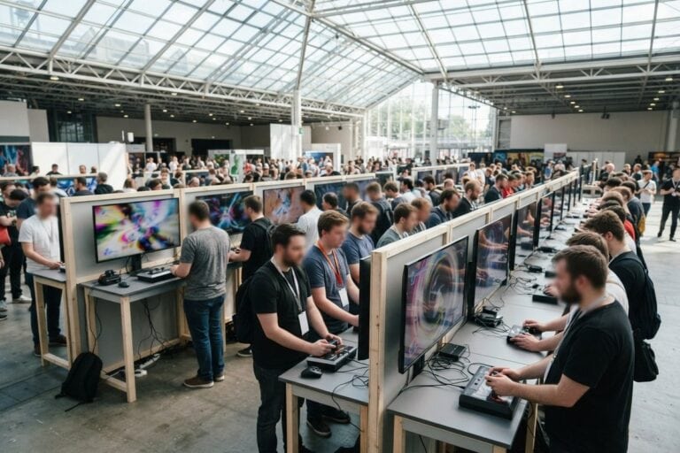 Des visiteurs jouent debout sur des bornes alignées dans un vaste hall d'exposition vitré