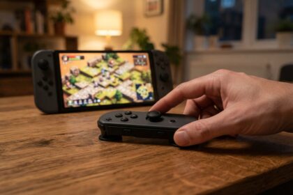 Main posée sur un Joy-Con à plat sur une table, console Nintendo Switch 2 affichant une carte de jeu tactique