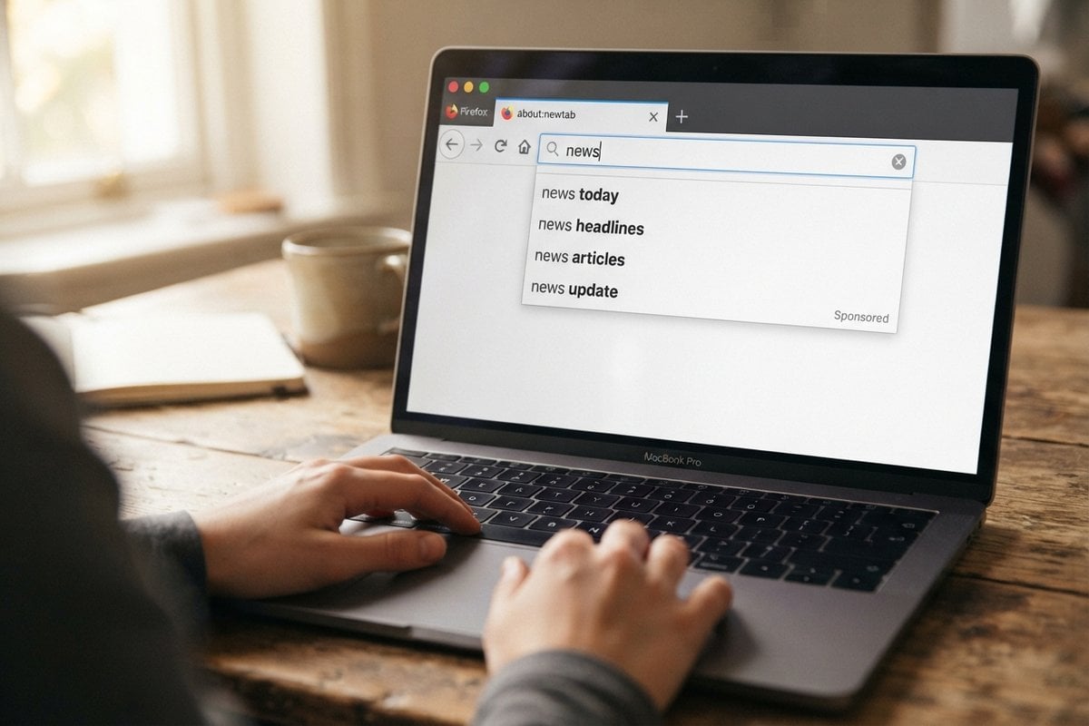 Écran d'ordinateur portable affichant Firefox, suggestions de la barre d'adresse avec la mention Sponsored