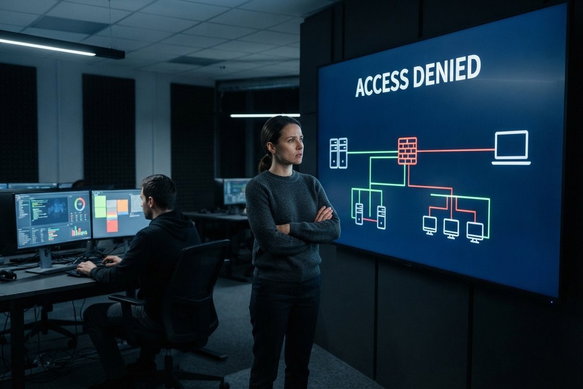 Deux analystes dans une salle de supervision, devant un écran mural affichant ACCESS DENIED et un schéma réseau