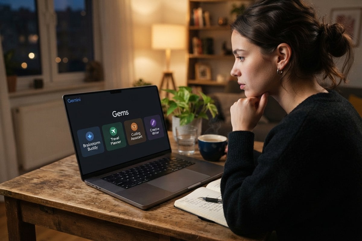 Une femme regarde un ordinateur portable affichant la page des Gems de Gemini, chez elle, le soir