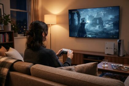 Joueuse sur un canapé, manette DualSense en main, face à un téléviseur montrant un archer dans des ruines nordiques