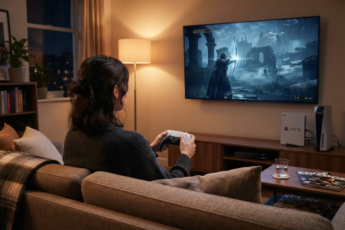 Joueuse sur un canapé, manette DualSense en main, face à un téléviseur montrant un archer dans des ruines nordiques