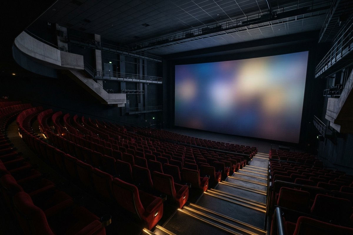 Grande salle de cinéma vide vue des rangs hauts, écran allumé face à des rangées de sièges rouges