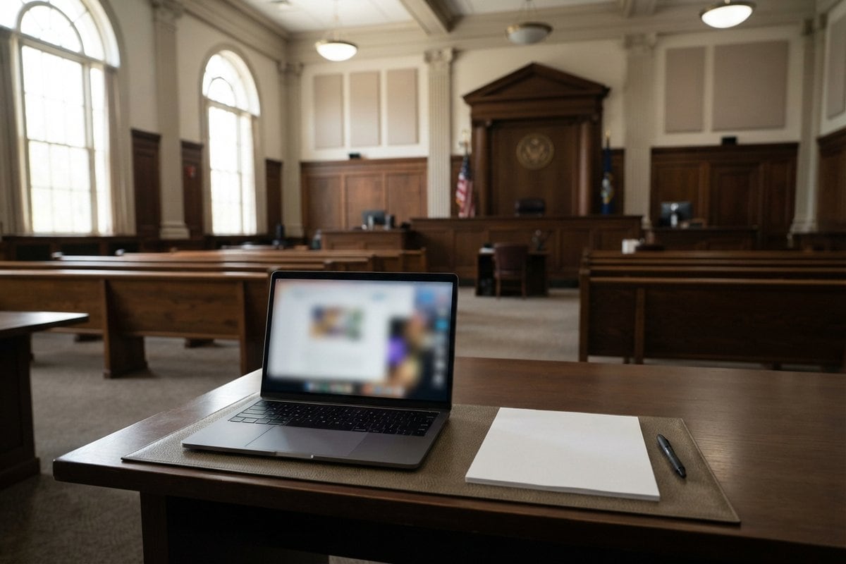 Salle d'audience américaine vide, ordinateur portable ouvert et bloc de papier vierge posés sur une table