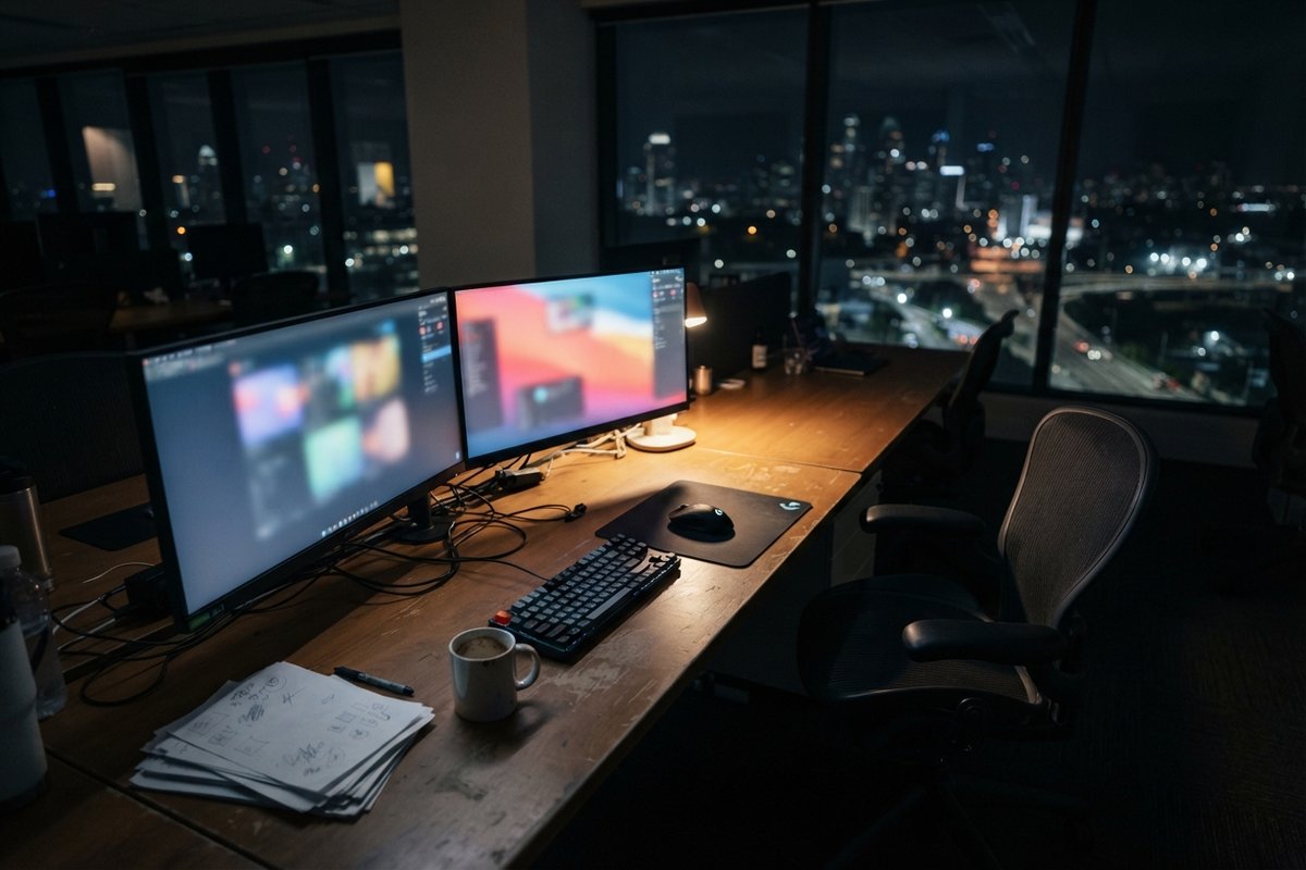 Poste de travail vide la nuit dans un bureau, deux écrans allumés face à une chaise inoccupée