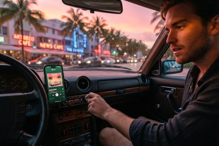 Un conducteur tourne le bouton de l'autoradio, un smartphone affichant une application musicale fixé au tableau de bord