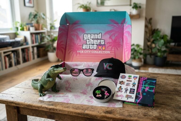 Coffret rose et turquoise Grand Theft Auto VI Vice City Collection ouvert, avec figurine d'alligator, lunettes, casquette et pins