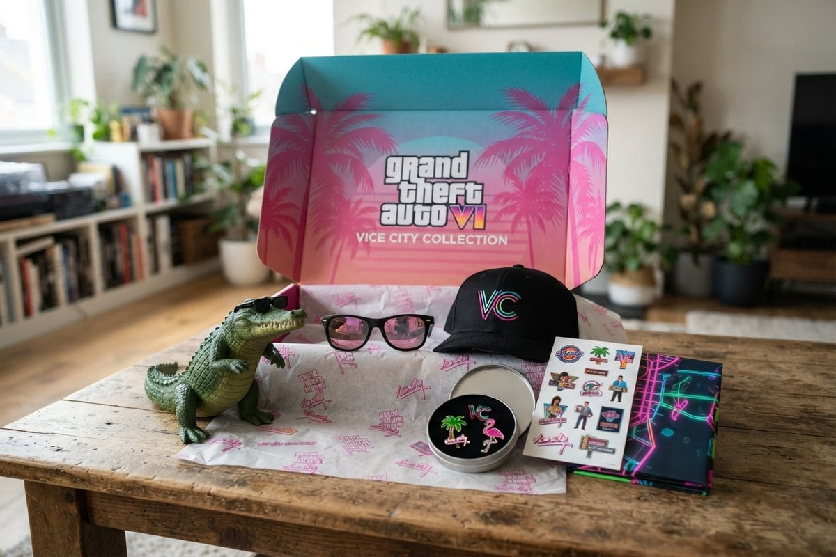 Coffret rose et turquoise Grand Theft Auto VI Vice City Collection ouvert, avec figurine d'alligator, lunettes, casquette et pins