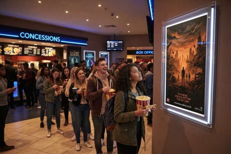 File d'attente de jeunes spectateurs dans un hall de cinéma, devant une affiche lumineuse de film de science-fiction