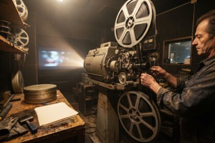 Un projectionniste charge la pellicule sur un projecteur à grandes bobines dans une cabine de cinéma