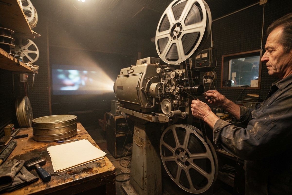Un projectionniste charge la pellicule sur un projecteur à grandes bobines dans une cabine de cinéma
