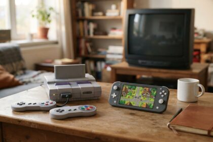 Console 16 bits et deux manettes sur une table, à côté d'une portable affichant un village en pixel art