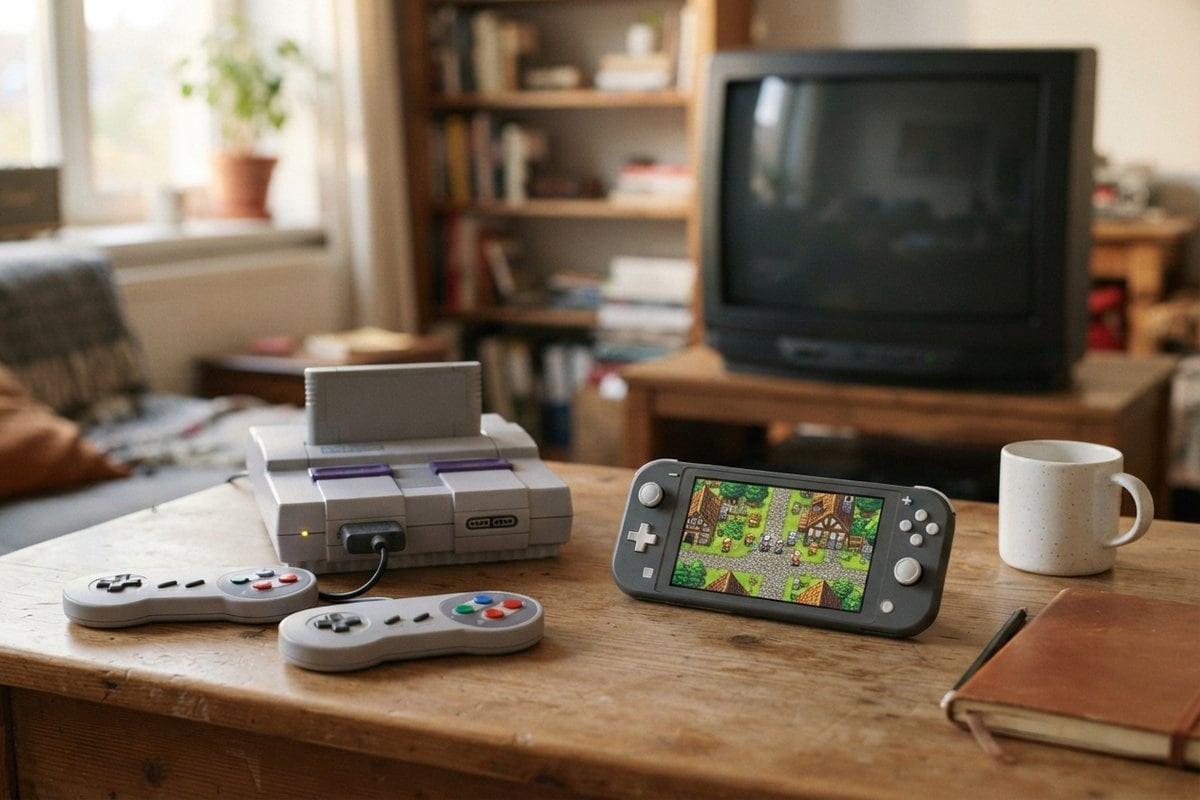 Console 16 bits et deux manettes sur une table, à côté d'une portable affichant un village en pixel art