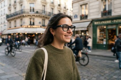 Une femme portant des lunettes à monture noire marche dans une rue parisienne animée en fin d'après-midi