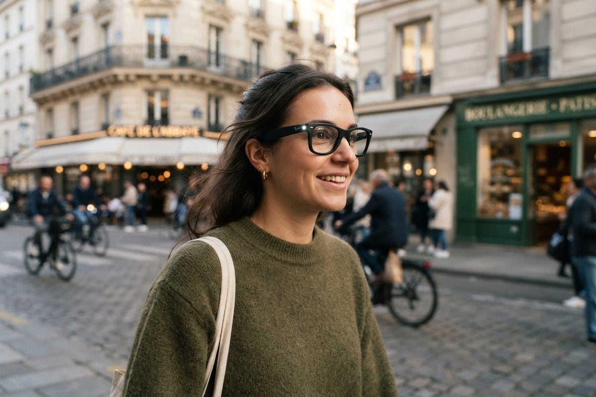 Une femme portant des lunettes à monture noire marche dans une rue parisienne animée en fin d'après-midi