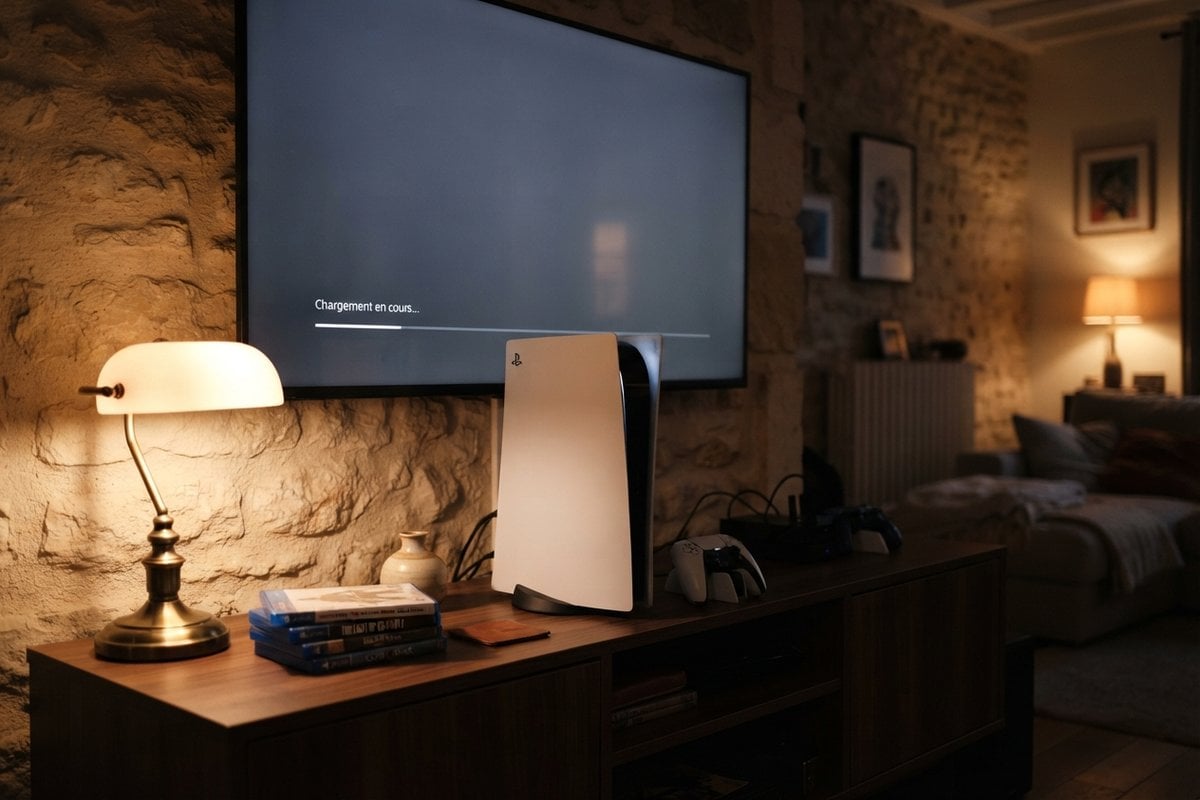 Une console PlayStation 5 posée sur un meuble en bois, devant un téléviseur affichant un écran de chargement.