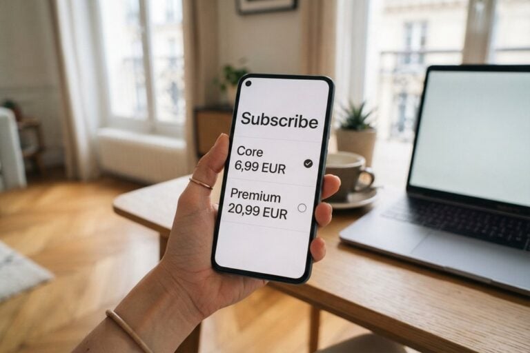 Une main tient un smartphone affichant une page d'abonnement avec les formules Core à 6,99 € et Premium à 20,99 €