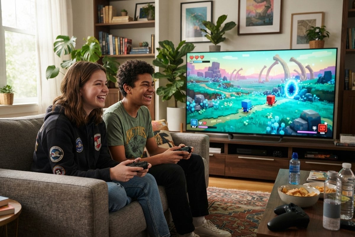 Deux adolescents rient sur un canapé, manette en main, devant un jeu vidéo aux décors cubiques affiché sur un grand téléviseur