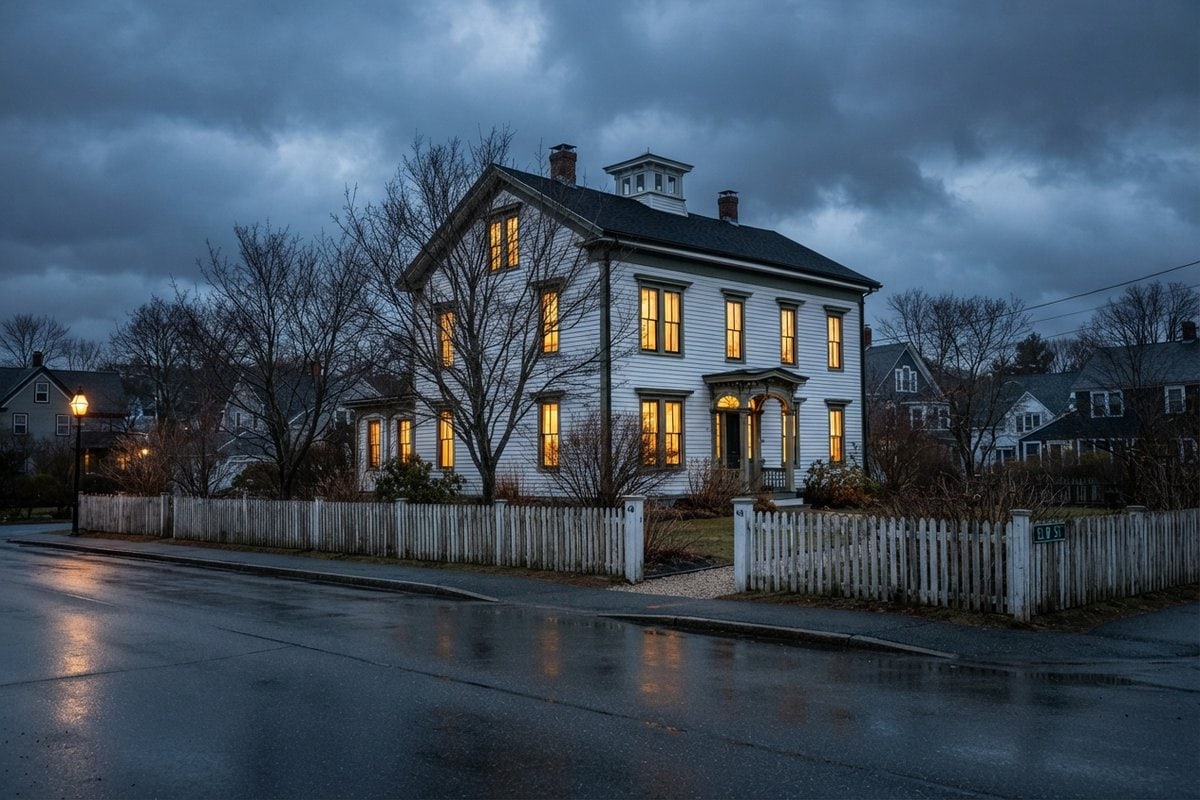 Maison en bois blanc de Nouvelle-Angleterre aux fenêtres éclairées, sous un ciel d'orage au crépuscule