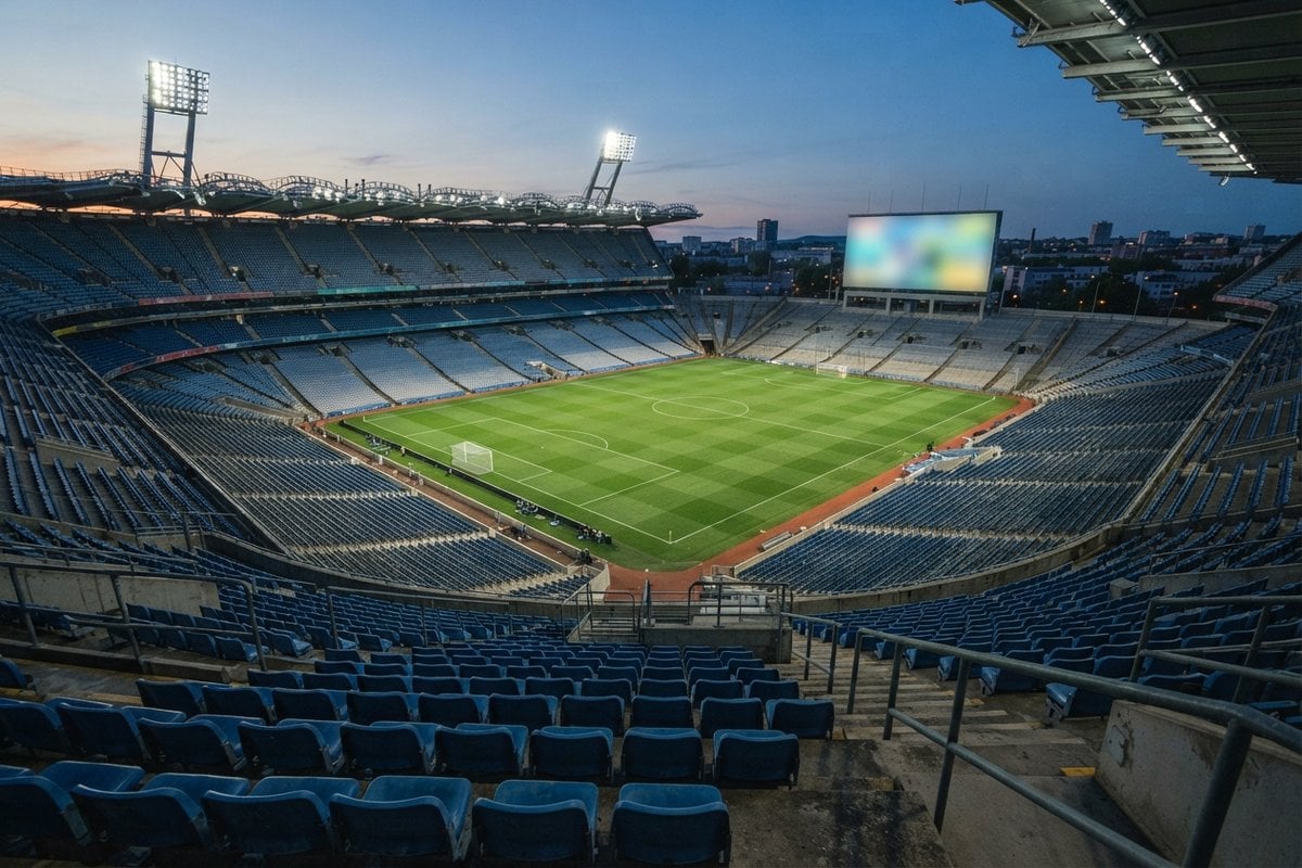 Stade de football vide au crépuscule, projecteurs allumés et écran géant, vu depuis les gradins supérieurs