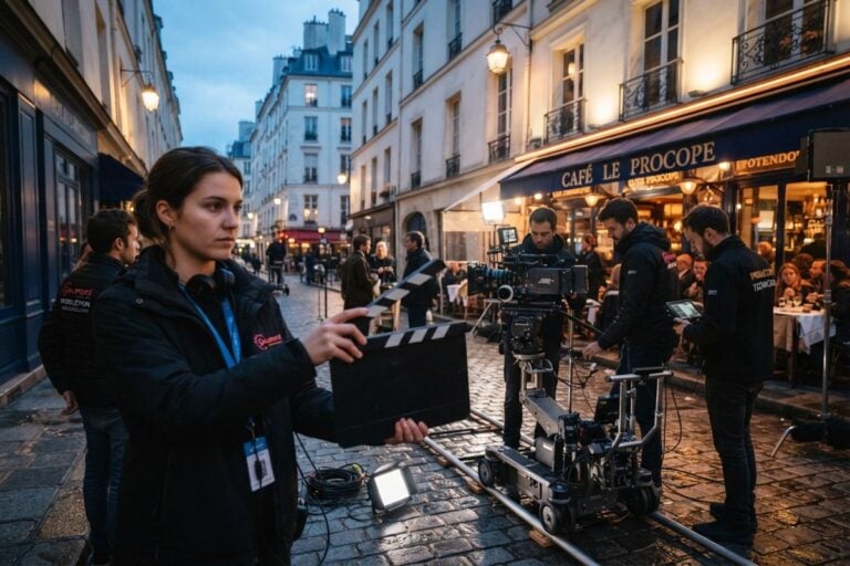 Une technicienne tient un clap devant une équipe de tournage installée dans une rue parisienne au crépuscule