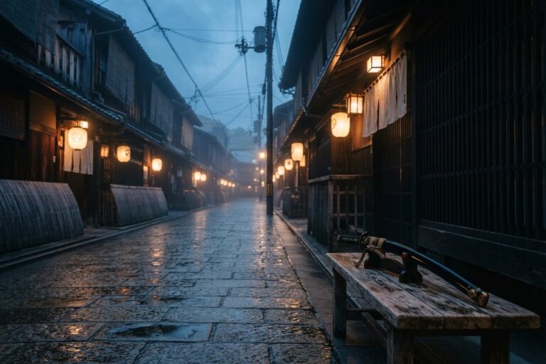 Ruelle pavée de Kyoto au crépuscule, lanternes allumées et sabre japonais posé sur un banc de bois