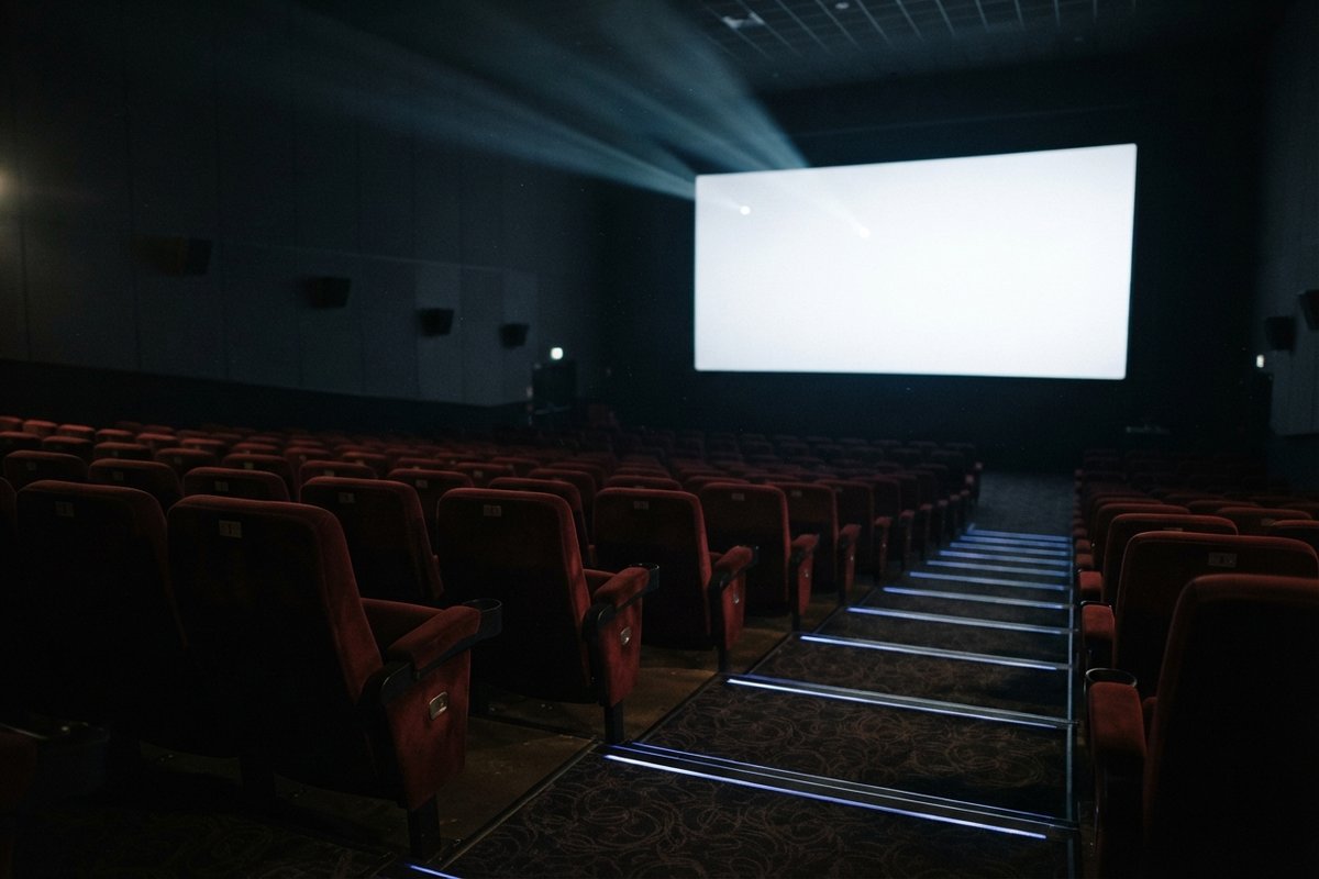 Salle de cinéma vide aux fauteuils rouges, l'écran blanc éclairé par un faisceau de projecteur