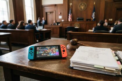 Console Nintendo Switch posée près d'un marteau de juge et d'un dossier dans une salle d'audience américaine