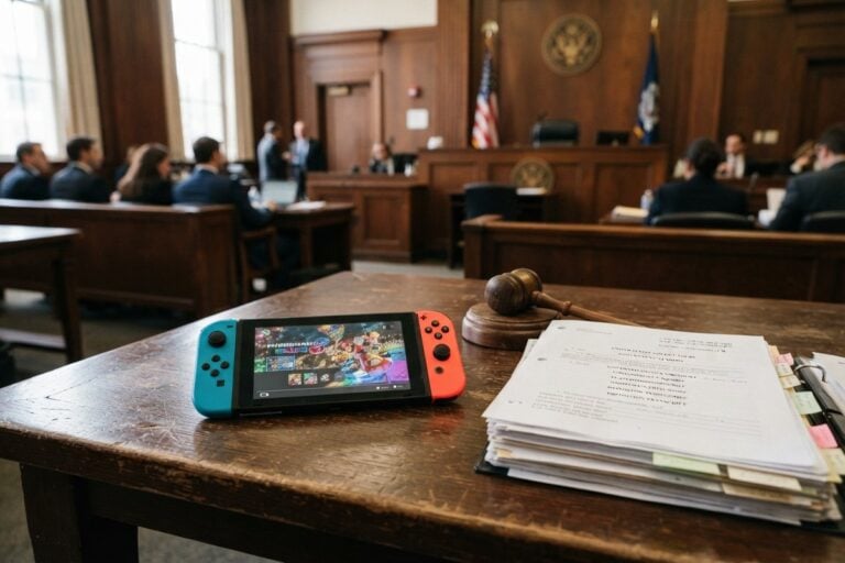 Console Nintendo Switch posée près d'un marteau de juge et d'un dossier dans une salle d'audience américaine